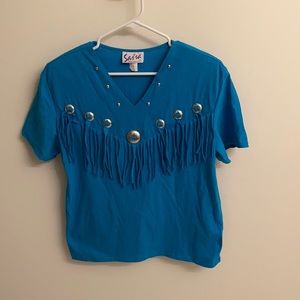 Saśsā LTD Short Sleeve Turquoise Top With Fringe/Conchos Sz M/L Made in the USA